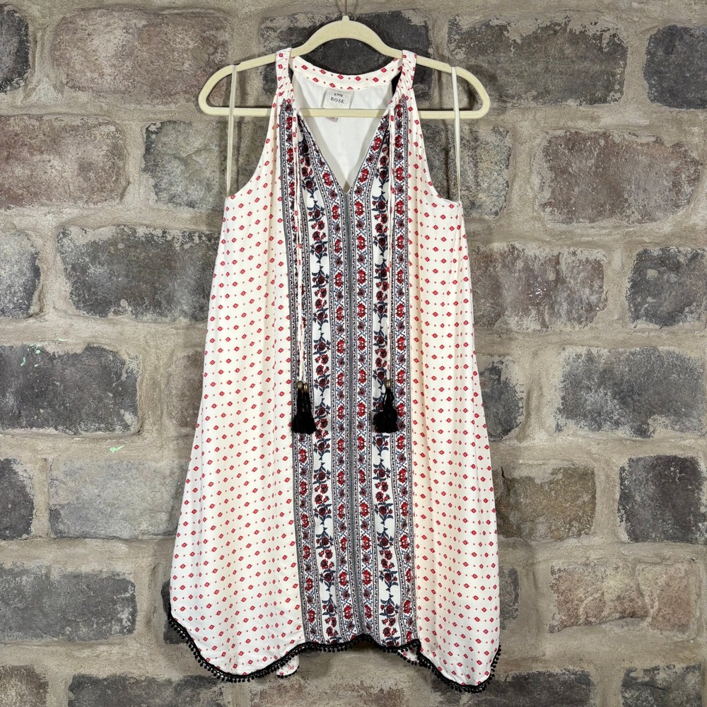 Knox Rose XS Sleeveless Dress Cream Red Floral Embroidered Tassel Boho Mini